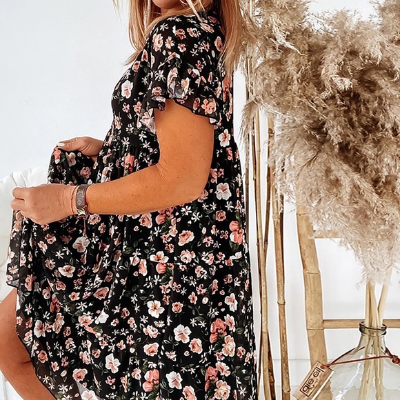 Women's Plus Size Women's Summer O-neck Dress Beach Floral Print Ruffles Casual - Picture 4 of 9